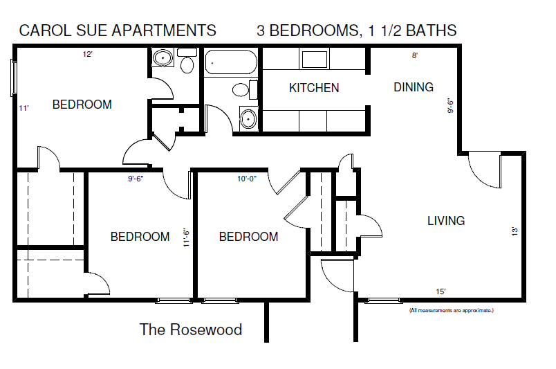 Floor plan for 3 beds, 1.5 baths, 1000 sqft